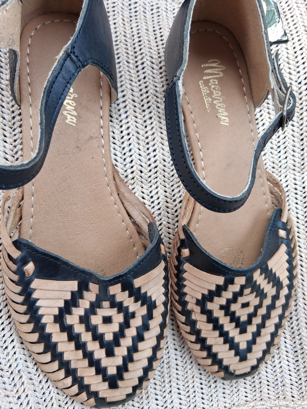 Woven Two-Tone Ankle-Strap Sandals in Navy and Natural
